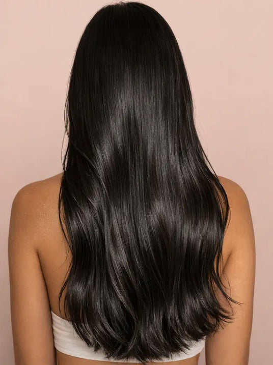 Cabello negro largo y brillante con ondas sutiles que caen por debajo de los hombros.