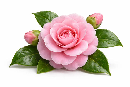 Una delicada flor de camelia rosa con hojas verdes brillantes y dos brotes en flor.