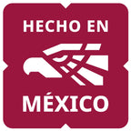Etiqueta cuadrada marrón con texto blanco que dice 'hecho en méxico' y un emblema de águila blanca estilizada.
